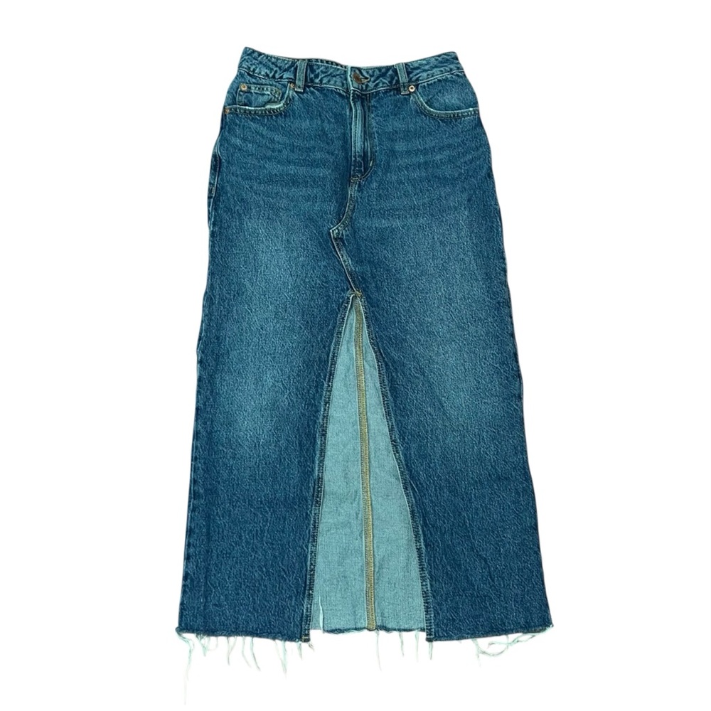 Garage Denim Maxi Skirt With Front Slit And Raw Hem Size XS Asymmetrical Details